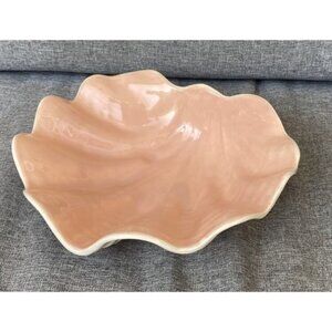 Large Ceramic Seashell Bowl Centerpiece Pink Interior White Clam Curved